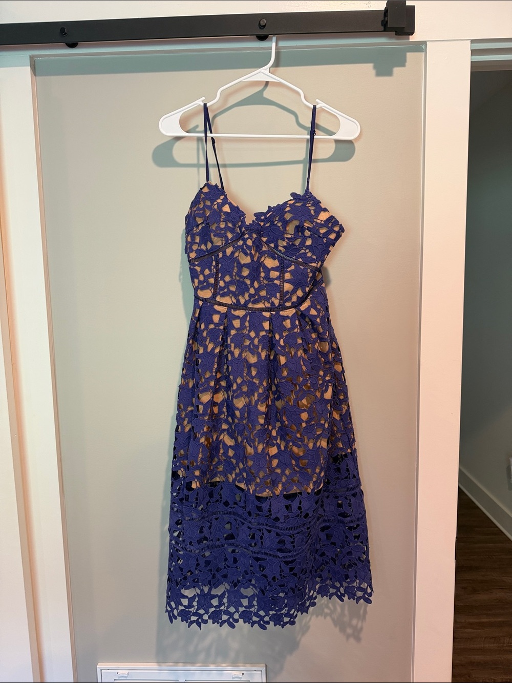 Royal Blue Lace Midi Dress with Spaghetti Straps